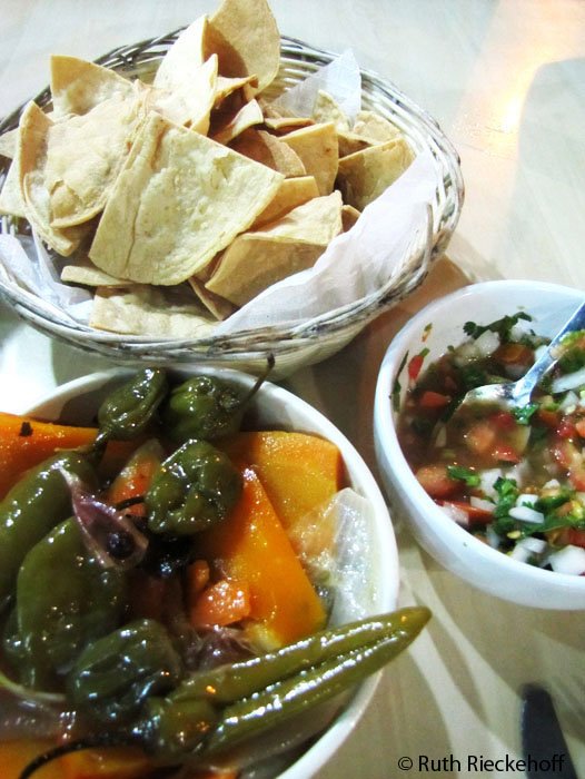 Escabeche, chips and salsa at Don Cafeto, Tulum, Mexico