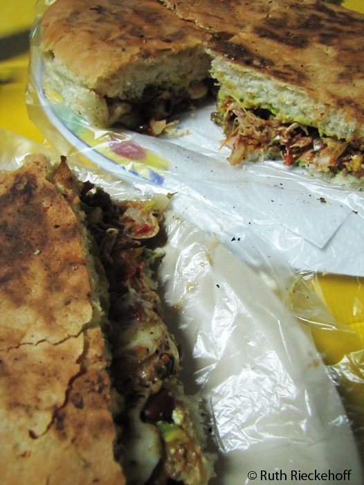 A closeup of my torta loca, Restaurante La Antorcha, Santa Ana, El Salvador