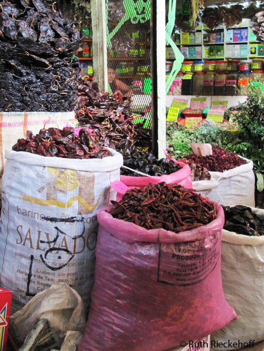 Dry chiles for sale in the Mercado Benito Juarez, Oaxaca, Mexico