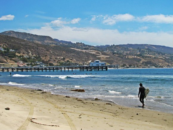 View of Santa Monica Mountains and Malibu's Pier, Malibu, California