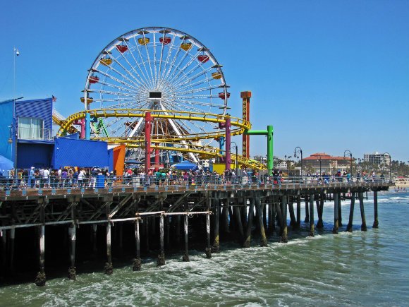 Multicolored Santa Monica Pier, ferris wheel at Santa Monica, ferris wheel at pier, amusement park at pier, amusement park at Santa Monica