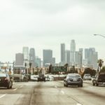 110 Freeway leading to Downtown Los Angeles, View of Downtown Los Angeles skyscrapers