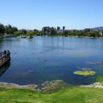 Santee Lakes Camping, Pier over one of the recycled water lakes located at the Santee Lakes Recreation Preserve, San Diego, California