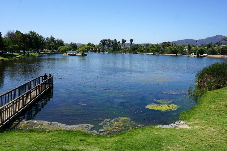 Santee Lakes Camping, Pier over one of the recycled water lakes located at the Santee Lakes Recreation Preserve, San Diego, California