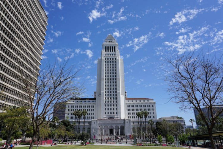 Los Angeles City Hall seen from the Grand Park, Los Angeles, California