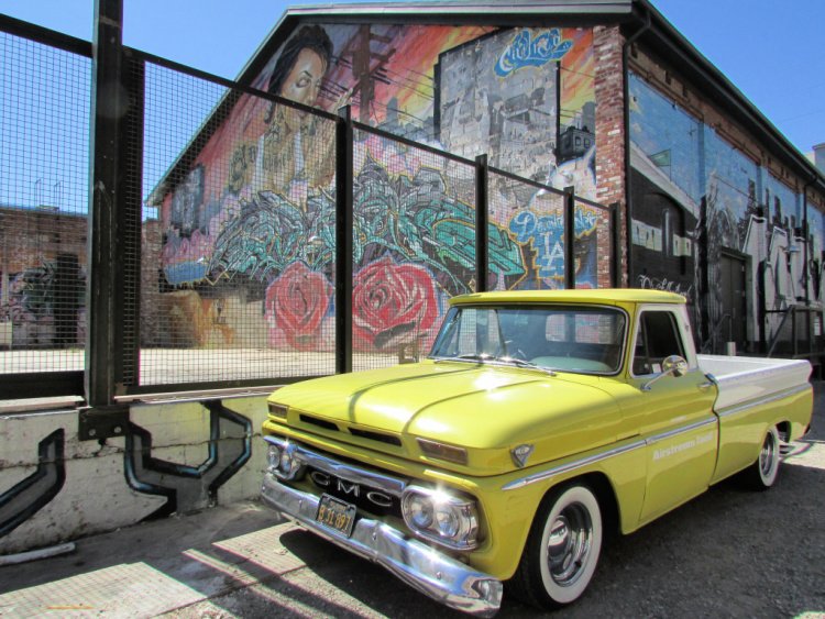 Mural and vintage GMC at the Arts District area of Downtown Los Angeles, A Day in LA, California