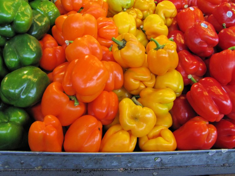 Colorful peppers at the Granville Island Public Market, Vancouver, Canada