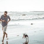 Frenchie running with owner at the beach, Beaches for Dogs in Los Angeles