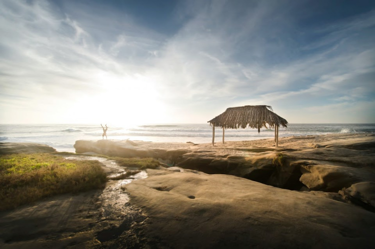 San Diego Beach with straw hut